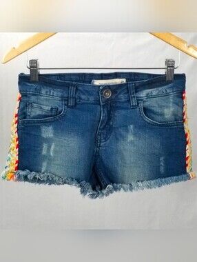 Denim Frayed Hem Shorts w/ Multicolor Side Braid Low Rise Micro Shorts Size 5